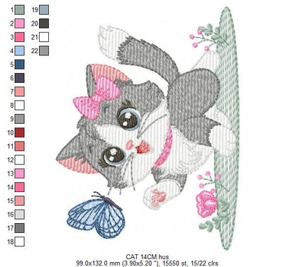 Cat embroidery design - Kitty embroidery designs machine embroidery pattern - Cat with flowers and butterfly embroidery - instant download