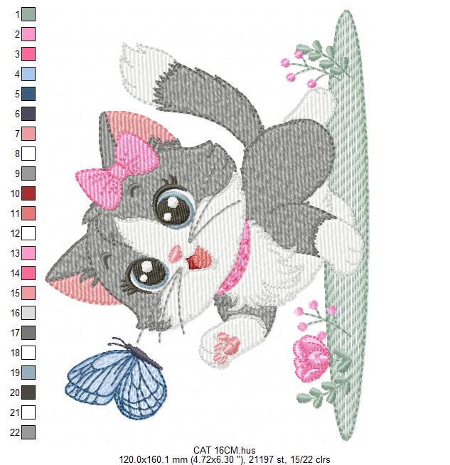 Cat embroidery design - Kitty embroidery designs machine embroidery pattern - Cat with flowers and butterfly embroidery - instant download