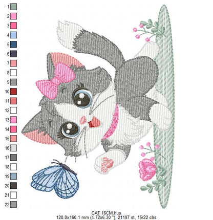 Cat embroidery design - Kitty embroidery designs machine embroidery pattern - Cat with flowers and butterfly embroidery - instant download