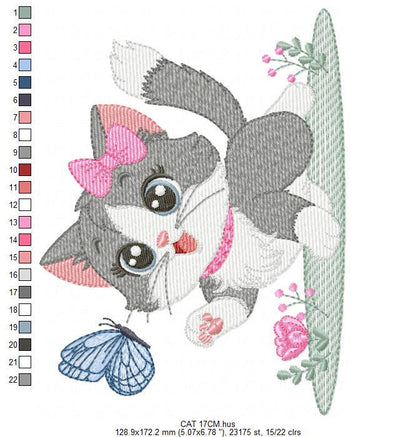 Cat embroidery design - Kitty embroidery designs machine embroidery pattern - Cat with flowers and butterfly embroidery - instant download