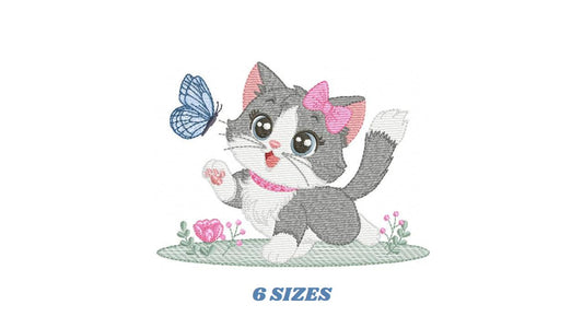 Cat embroidery design - Kitty embroidery designs machine embroidery pattern - Cat with flowers and butterfly embroidery - instant download