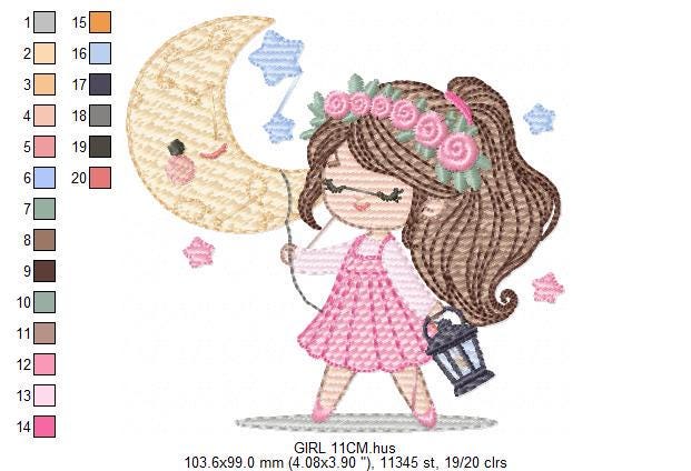Girl with moon and lamp embroidery designs - Girl embroidery design machine embroidery pattern - Moon embroidery file - instant download pes