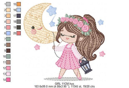Girl with moon and lamp embroidery designs - Girl embroidery design machine embroidery pattern - Moon embroidery file - instant download pes