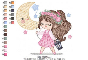 Girl with moon and lamp embroidery designs - Girl embroidery design machine embroidery pattern - Moon embroidery file - instant download pes