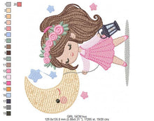 Cargar imagen en el visor de la galería, Girl with moon and lamp embroidery designs - Girl embroidery design machine embroidery pattern - Moon embroidery file - instant download pes
