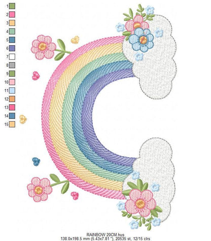 Rainbow with flowers embroidery design - Rainbow with clouds embroidery designs machine embroidery pattern - instant digital download pes