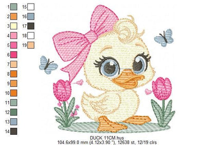 Female Duck embroidery design - Baby girl animal with big lace machine embroidery pattern - Instant digital download pes jef dst