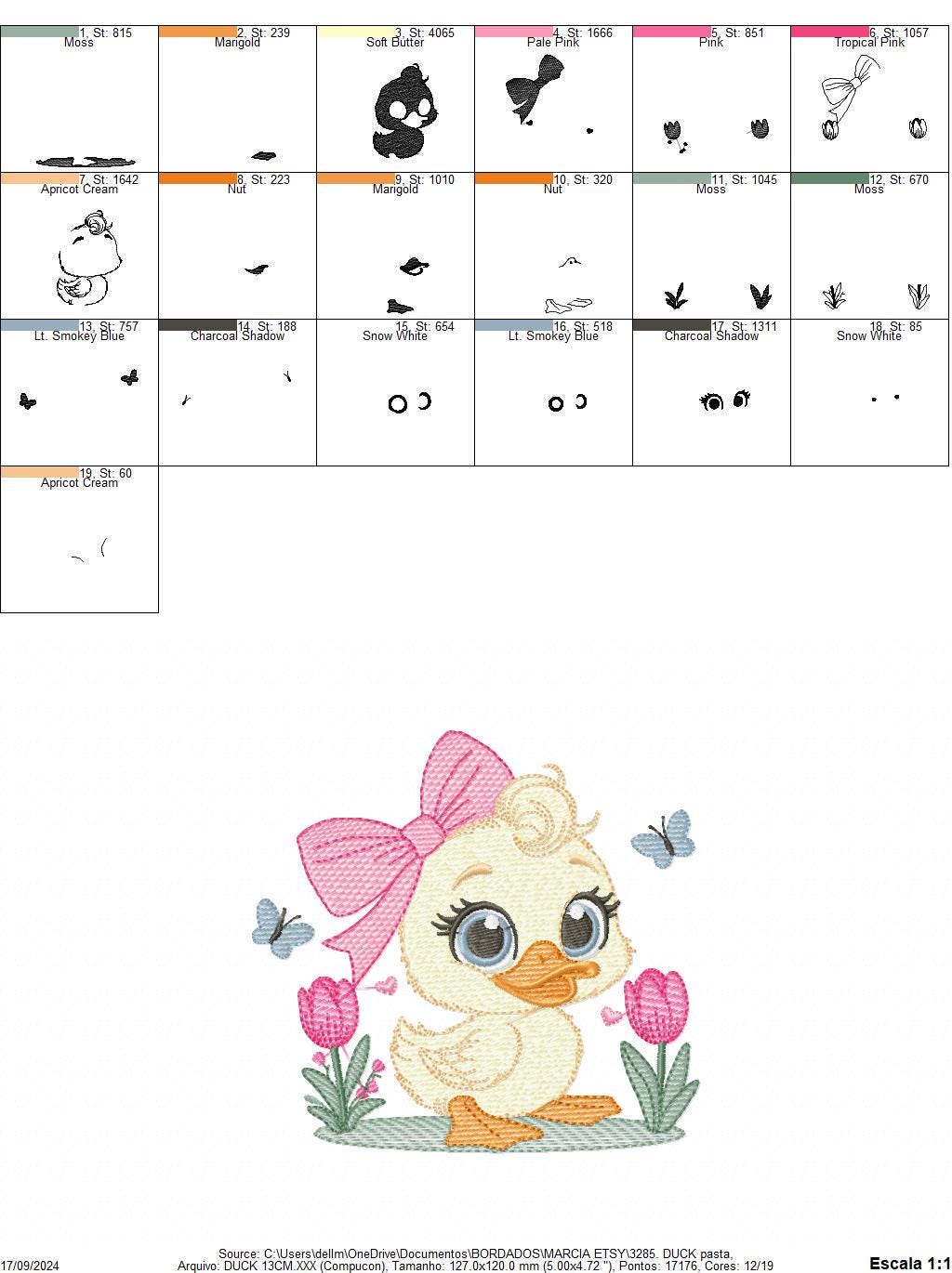Female Duck embroidery design - Baby girl animal with big lace machine embroidery pattern - Instant digital download pes jef dst