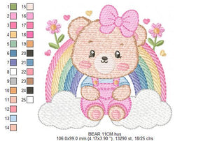 Bear with rainbow embroidery designs - Female Teddy embroidery design machine embroidery pattern - Girl embroidery file - instant download