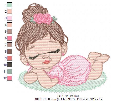Sleeping girl with roses embroidery designs - Baby Girl with dress embroidery design machine embroidery pattern - instant download pes jef