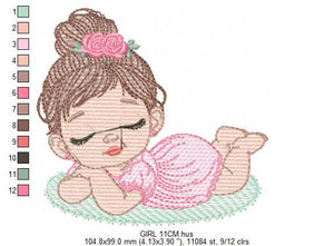 Sleeping girl with roses embroidery designs - Baby Girl with dress embroidery design machine embroidery pattern - instant download pes jef