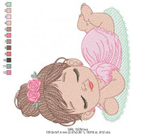 Cargar imagen en el visor de la galería, Sleeping girl with roses embroidery designs - Baby Girl with dress embroidery design machine embroidery pattern - instant download pes jef
