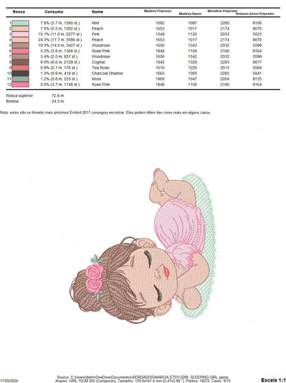 Sleeping girl with roses embroidery designs - Baby Girl with dress embroidery design machine embroidery pattern - instant download pes jef