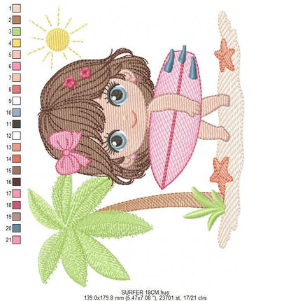 Surfer Girl embroidery designs - Beach Swimmer embroidery design machine embroidery pattern - Coconut tree embroidery - instant download