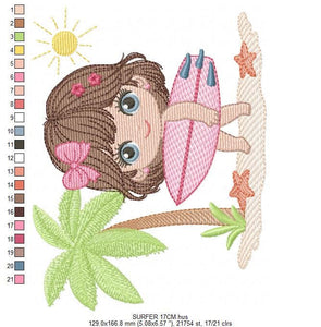 Surfer Girl embroidery designs - Beach Swimmer embroidery design machine embroidery pattern - Coconut tree embroidery - instant download