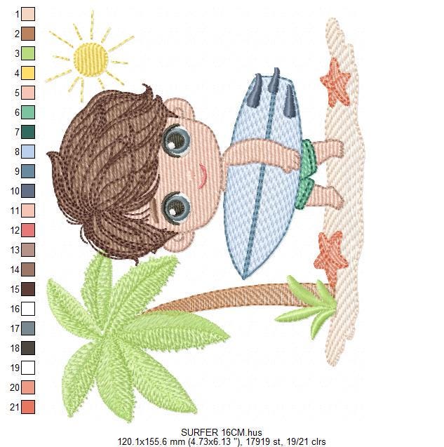 Surfer boy embroidery designs - Beach Swimmer embroidery design machine embroidery pattern - Coconut tree embroidery file - instant download