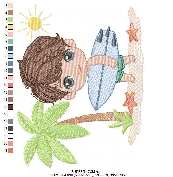 Surfer boy embroidery designs - Beach Swimmer embroidery design machine embroidery pattern - Coconut tree embroidery file - instant download