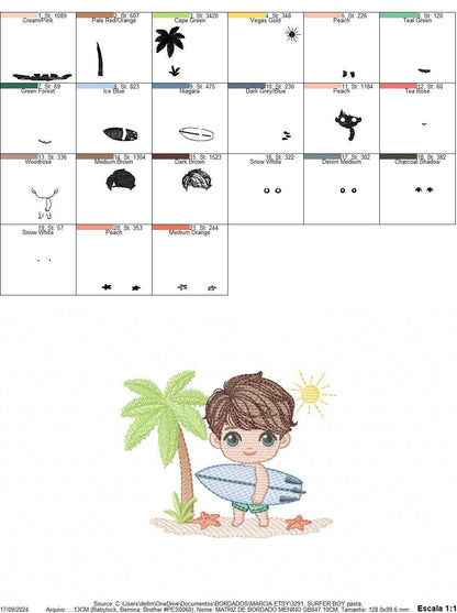 Surfer boy embroidery designs - Beach Swimmer embroidery design machine embroidery pattern - Coconut tree embroidery file - instant download