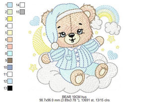 Male Bear with pajamas embroidery designs - Baby boy embroidery design machine embroidery pattern - Moon cloud rainbow - instant download