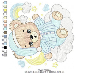 Male Bear with pajamas embroidery designs - Baby boy embroidery design machine embroidery pattern - Moon cloud rainbow - instant download