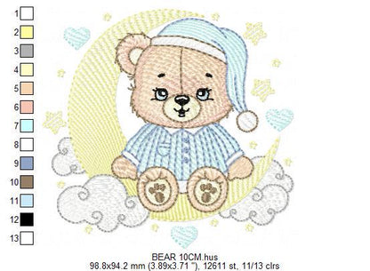 Boy Bear with pajamas embroidery designs - Moon embroidery design machine embroidery pattern - Male Teddy bear - instant download pes jef