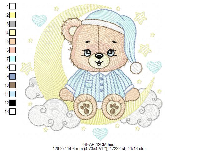 Boy Bear with pajamas embroidery designs - Moon embroidery design machine embroidery pattern - Male Teddy bear - instant download pes jef