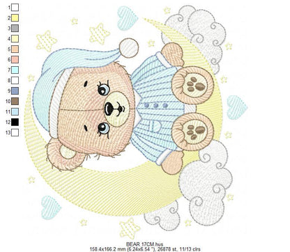 Boy Bear with pajamas embroidery designs - Moon embroidery design machine embroidery pattern - Male Teddy bear - instant download pes jef