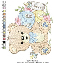 Load image into Gallery viewer, Boy Bear with baby bottle embroidery designs - Male Bear with pacifier embroidery design machine embroidery pattern - instant download pes
