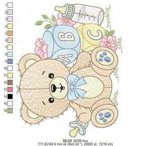 Boy Bear with baby bottle embroidery designs - Male Bear with pacifier embroidery design machine embroidery pattern - instant download pes