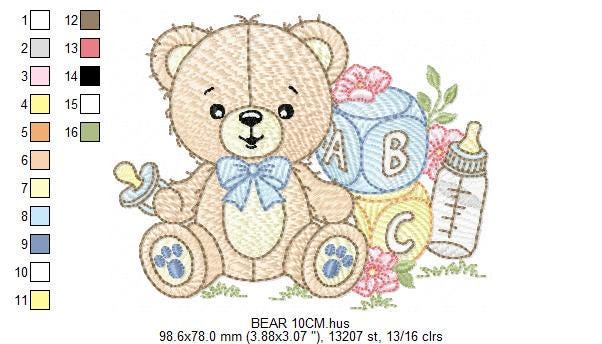 Boy Bear with baby bottle embroidery designs - Male Bear with pacifier embroidery design machine embroidery pattern - instant download pes
