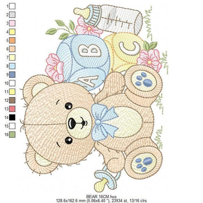 Boy Bear with baby bottle embroidery designs - Male Bear with pacifier embroidery design machine embroidery pattern - instant download pes
