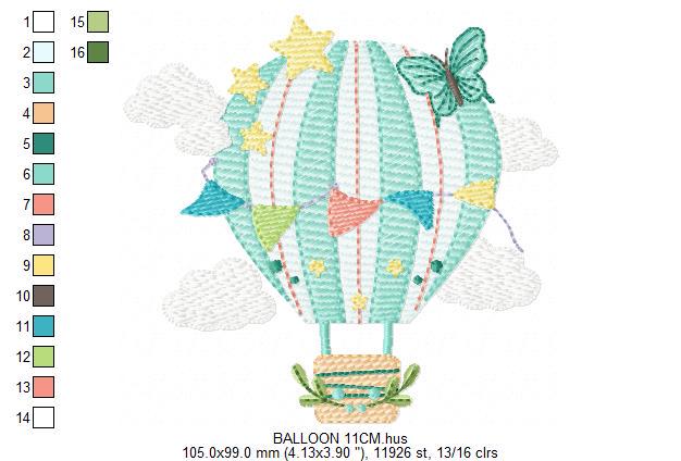 Hot air Balloon embroidery designs - Balloon with flags and butterfly embroidery design machine embroidery pattern - instant download pes
