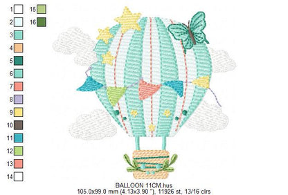 Hot air Balloon embroidery designs - Balloon with flags and butterfly embroidery design machine embroidery pattern - instant download pes