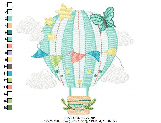 Hot air Balloon embroidery designs - Balloon with flags and butterfly embroidery design machine embroidery pattern - instant download pes