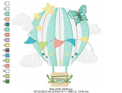 Hot air Balloon embroidery designs - Balloon with flags and butterfly embroidery design machine embroidery pattern - instant download pes