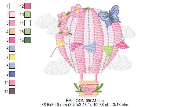 Hot air Balloon embroidery designs - Pink Balloon with flags and butterflies embroidery design machine embroidery pattern - instant download