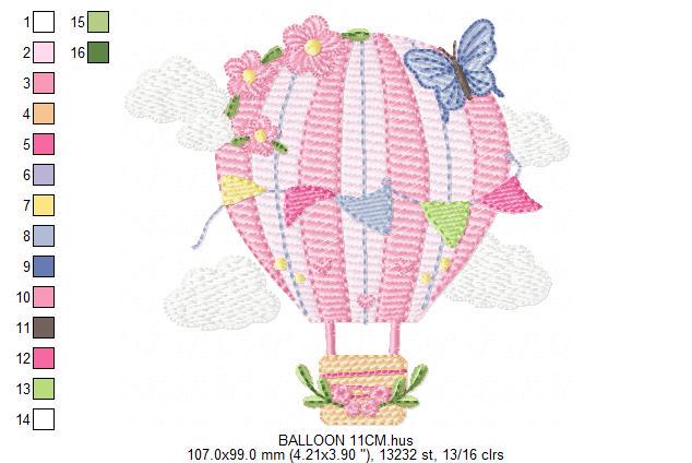 Hot air Balloon embroidery designs - Pink Balloon with flags and butterflies embroidery design machine embroidery pattern - instant download