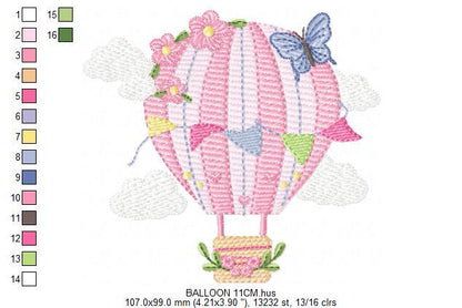 Hot air Balloon embroidery designs - Pink Balloon with flags and butterflies embroidery design machine embroidery pattern - instant download