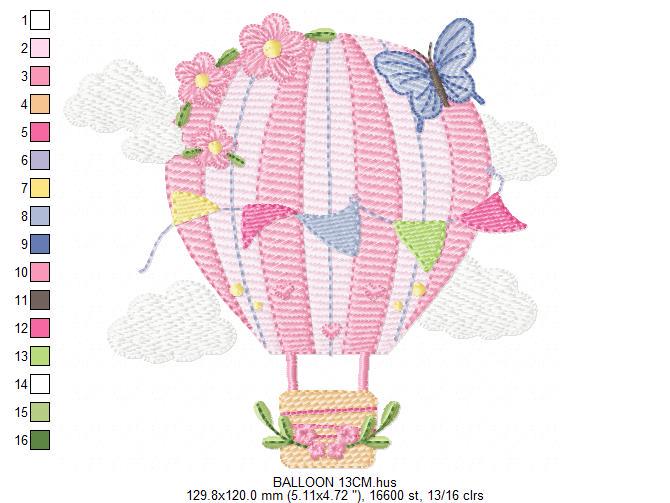 Hot air Balloon embroidery designs - Pink Balloon with flags and butterflies embroidery design machine embroidery pattern - instant download