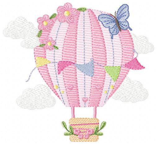 Hot air Balloon embroidery designs - Pink Balloon with flags and butterflies embroidery design machine embroidery pattern - instant download