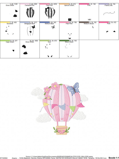 Hot air Balloon embroidery designs - Pink Balloon with flags and butterflies embroidery design machine embroidery pattern - instant download