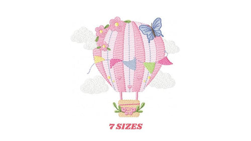 Hot air Balloon embroidery designs - Pink Balloon with flags and butterflies embroidery design machine embroidery pattern - instant download