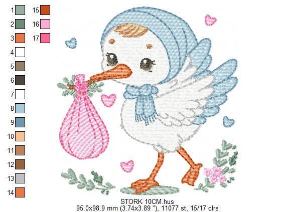 Stork embroidery design - Stork with newborn embroidery design machine embroidery pattern - Baby shower embroidery file - instant download