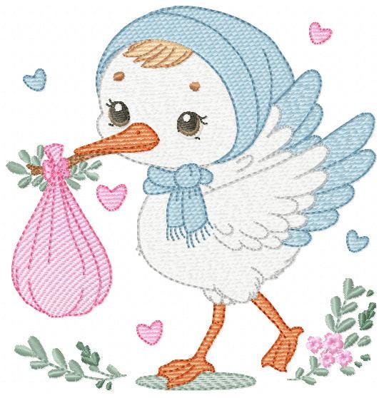 Stork embroidery design - Stork with newborn embroidery design machine embroidery pattern - Baby shower embroidery file - instant download