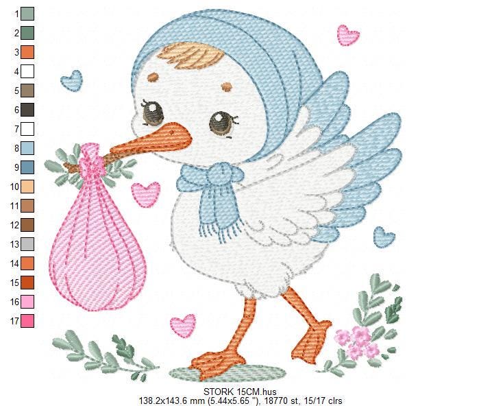 Stork embroidery design - Stork with newborn embroidery design machine embroidery pattern - Baby shower embroidery file - instant download