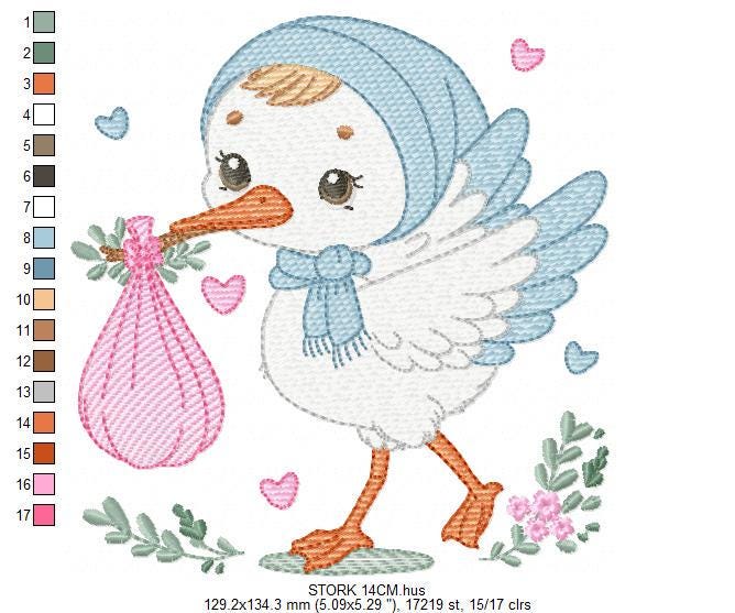 Stork embroidery design - Stork with newborn embroidery design machine embroidery pattern - Baby shower embroidery file - instant download
