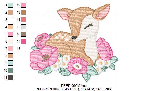 Deer with flowers embroidery design - Sleeping Florest Animal embroidery designs machine embroidery pattern - Instant download pes jef dst