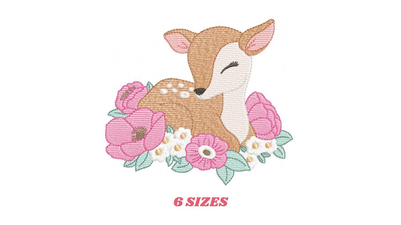 Deer with flowers embroidery design - Sleeping Florest Animal embroidery designs machine embroidery pattern - Instant download pes jef dst
