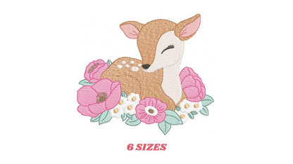 Deer with flowers embroidery design - Sleeping Florest Animal embroidery designs machine embroidery pattern - Instant download pes jef dst