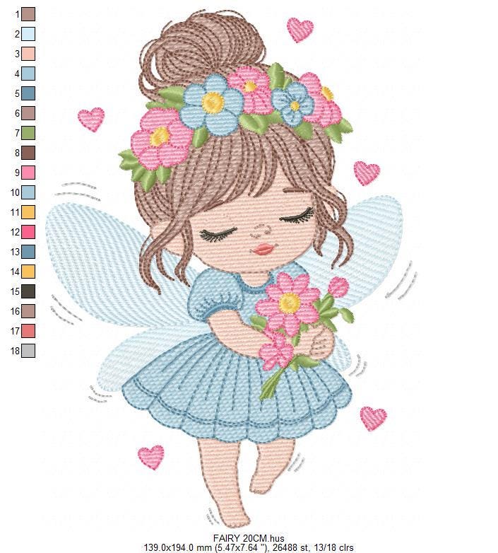 Fairy with flowers embroidery designs - Baby girl embroidery design machine embroidery pattern - Pixie embroidery file - Instant Download